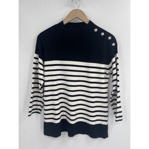 Talbots Black Stripe Nautical Sweater Pearl Buttons Medium 3/4 Sleeve